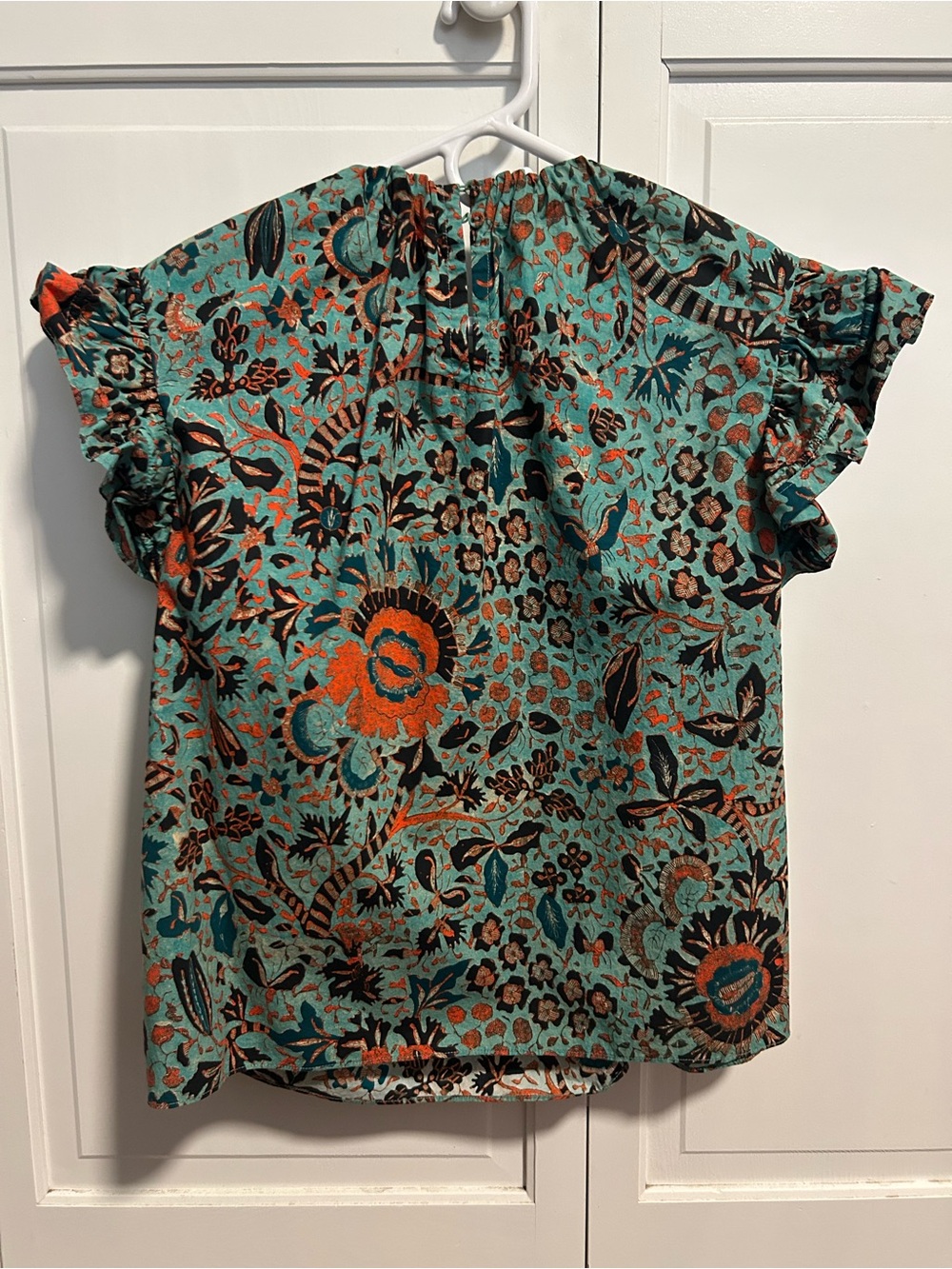 Ulla Johnson Teal Floral Ruffle Blouse with Rust Accents - Picture 3 of 6